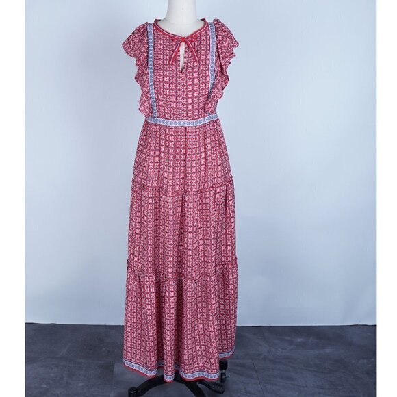 NWT Max Studio Flutter Sleeve Tiered Midi Dress XS 70s Bohemian Cottagecore - Picture 2 of 10